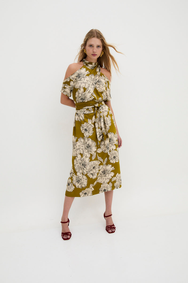 TOKYO SHOULDER OLIVE DRESS