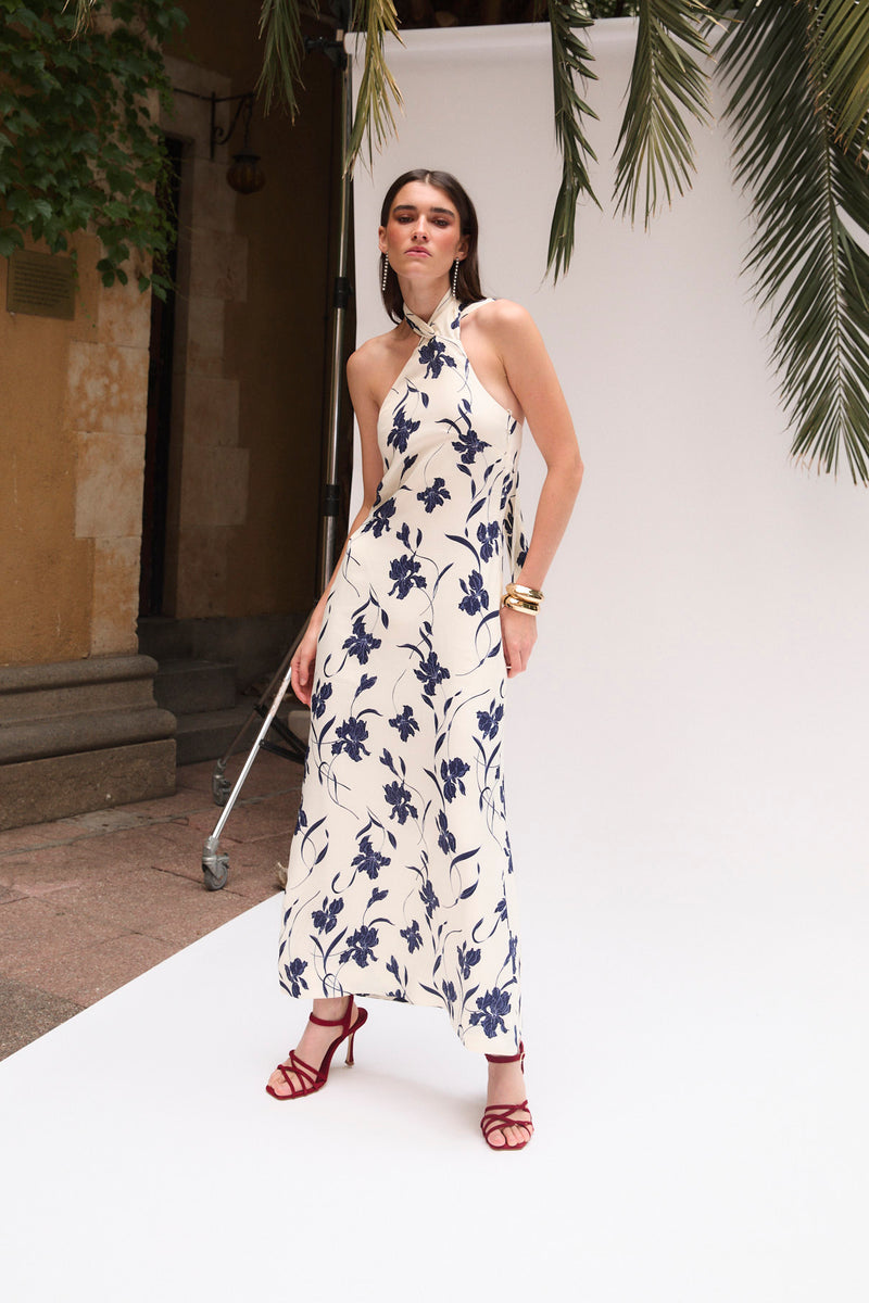 ORCHID HALTER NAVY DRESS